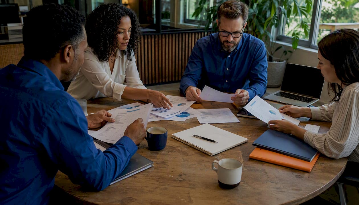 Procurement team comparing vendor evaluations overhead
