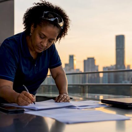 Engineer reviewing lightning protection documents