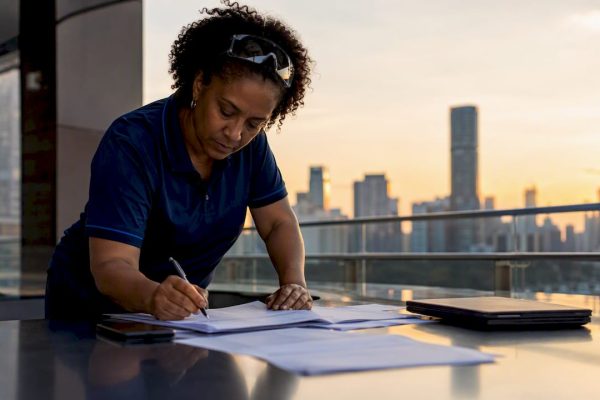 Engineer reviewing lightning protection documents