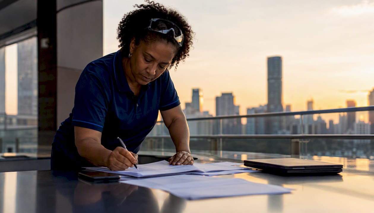 Engineer reviewing lightning protection documents