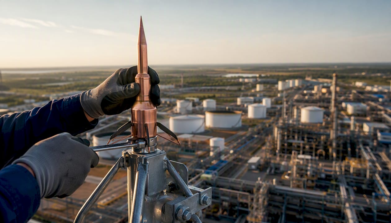 Hands installing lightning protection terminal