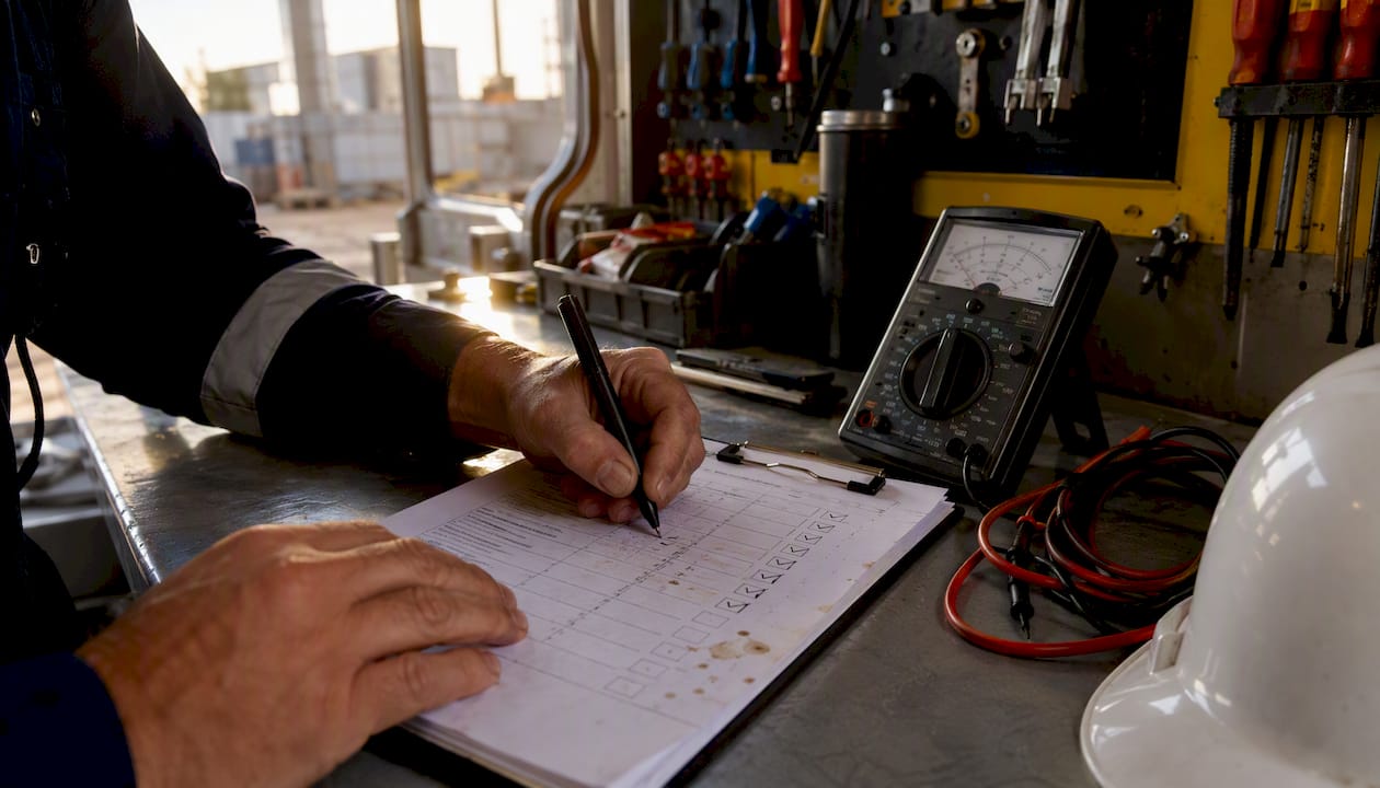 Un technicien passe en revue une liste de contrôle pour garantir la sécurité électrique.