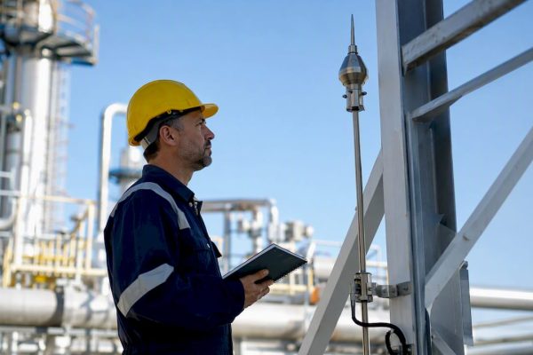 Un ingénieur procède à un contrôle du matériel de sécurité électrique.