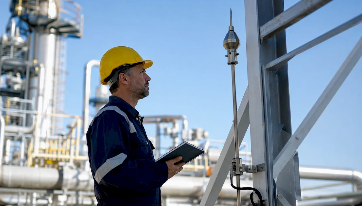 Un ingénieur procède à un contrôle du matériel de sécurité électrique.