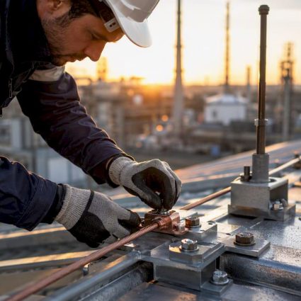 Un technicien installe un câble de paratonnerre sur le toit d’un immeuble.