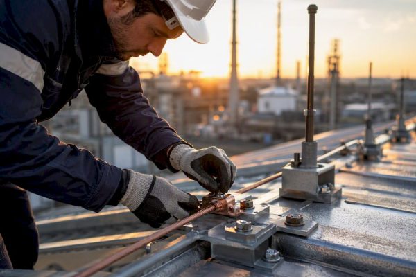 Un technicien installe un câble de paratonnerre sur le toit d’un immeuble.