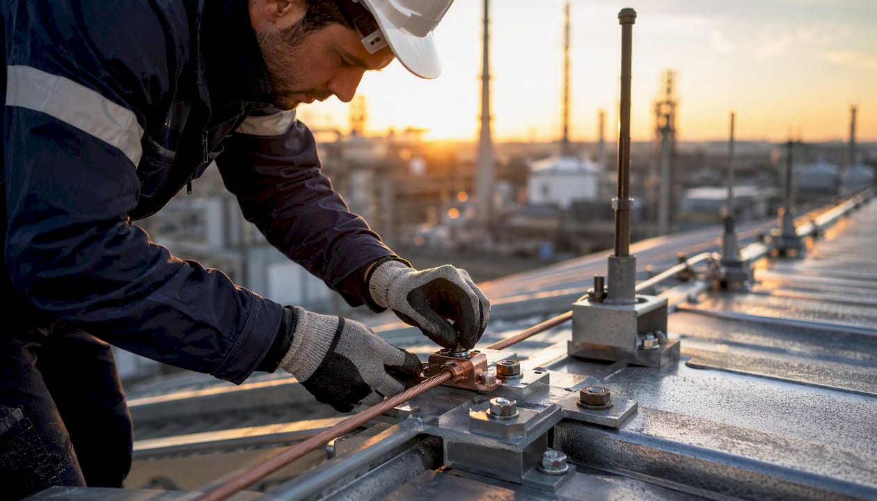 Un technicien installe un câble de paratonnerre sur le toit d’un immeuble.
