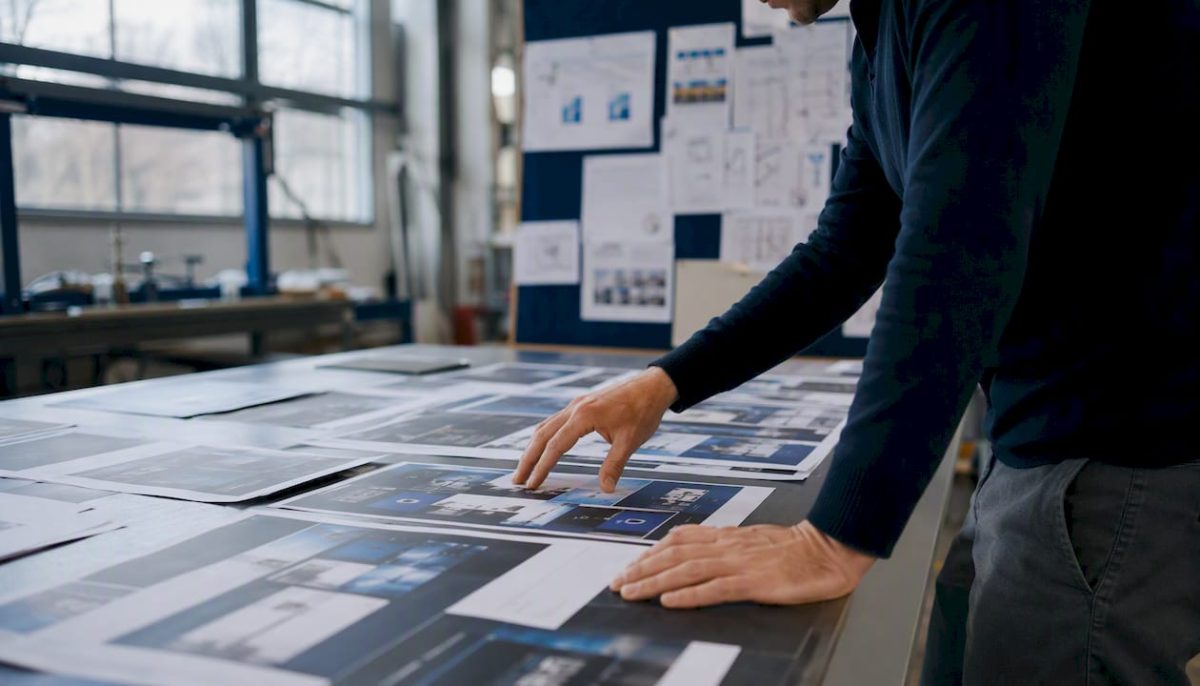 Hands reviewing B2B directory wireframes on table