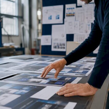 Hands reviewing B2B directory wireframes on table