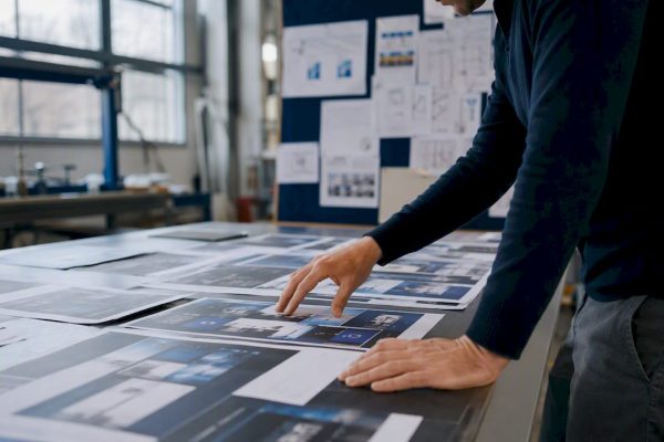 Hands reviewing B2B directory wireframes on table