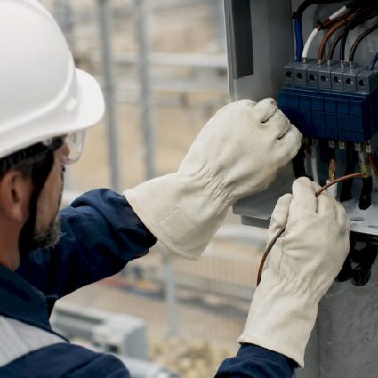 Un technicien procède à l’installation d’un parafoudre en extérieur.