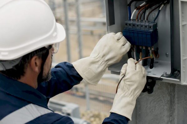 Un technicien procède à l’installation d’un parafoudre en extérieur.
