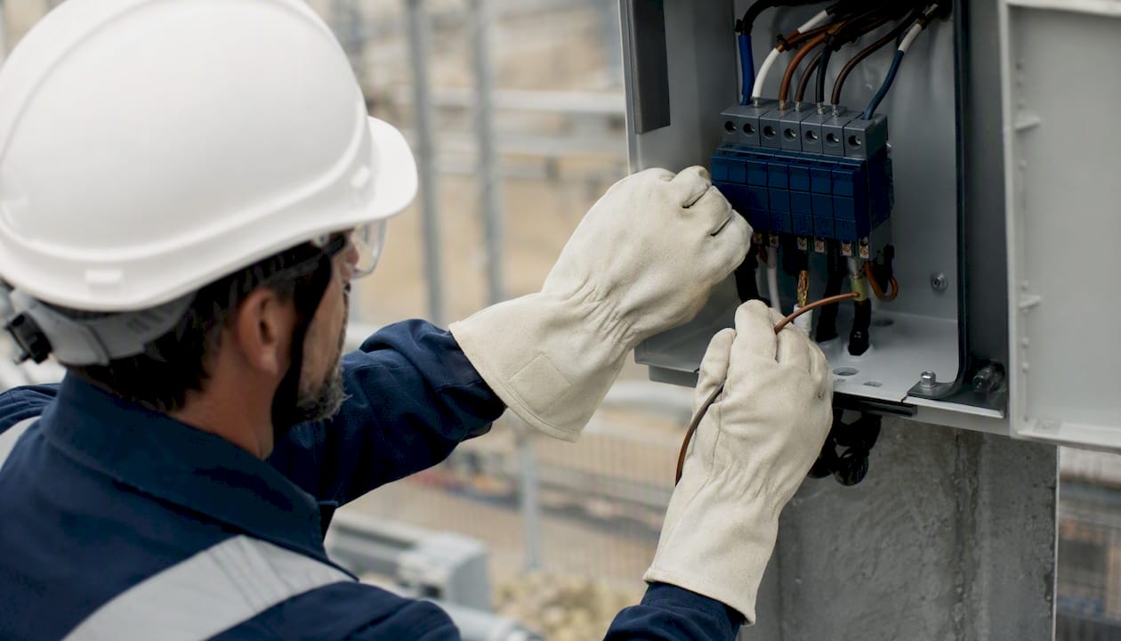 Un technicien procède à l’installation d’un parafoudre en extérieur.