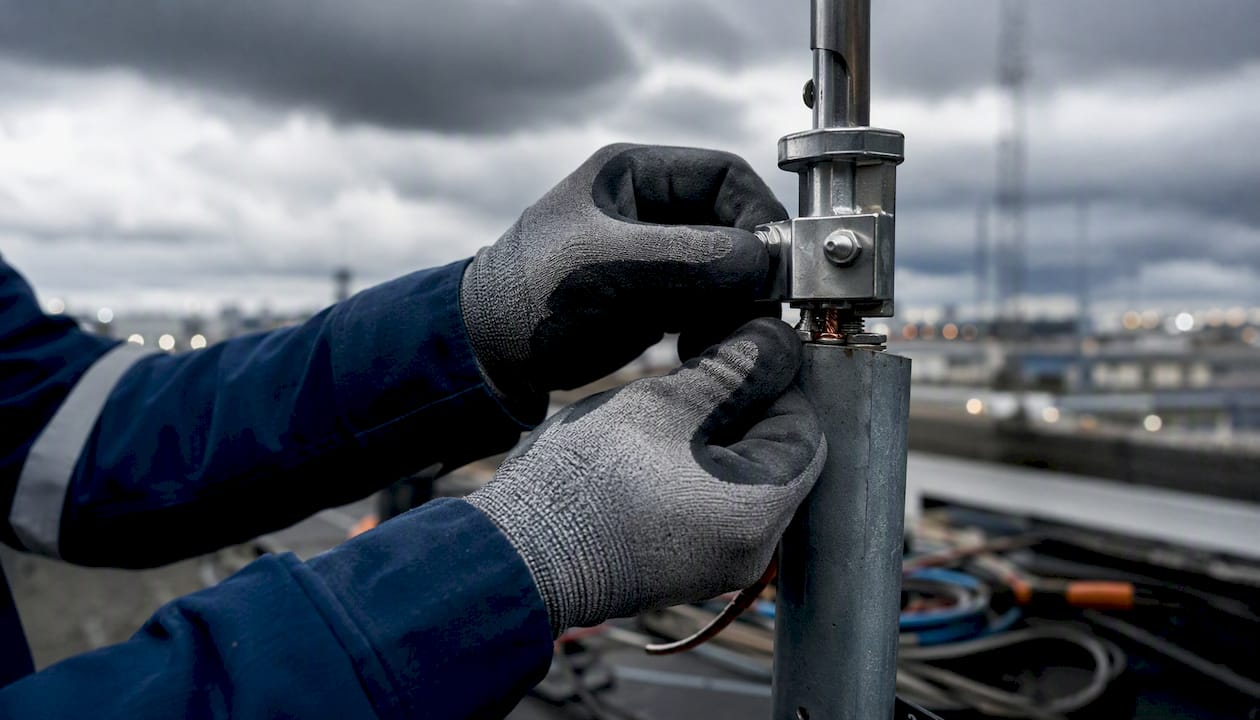 Des mains s’affairent à régler un dispositif de protection contre la foudre en extérieur.