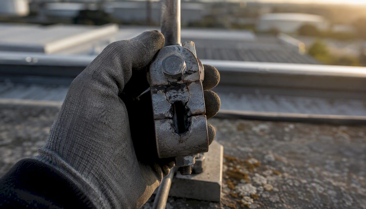 Lors de l’inspection, la bride du paratonnerre a présenté des signes évidents de détérioration.