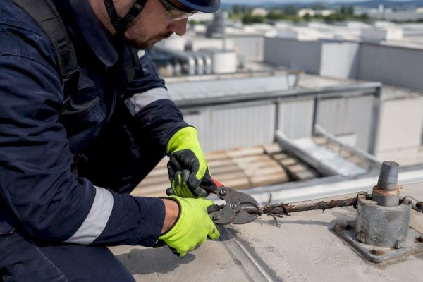 Un technicien en train de sectionner un câble de paratonnerre