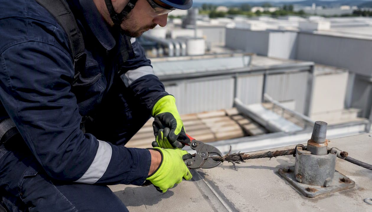 Un technicien en train de sectionner un câble de paratonnerre