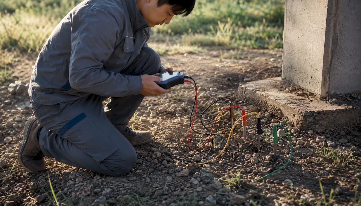 Technician testing soil resistivity with probes