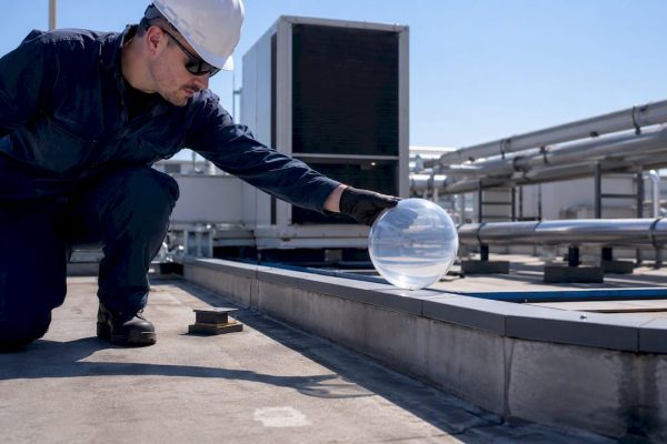Engineer simulating rolling sphere on industrial rooftop