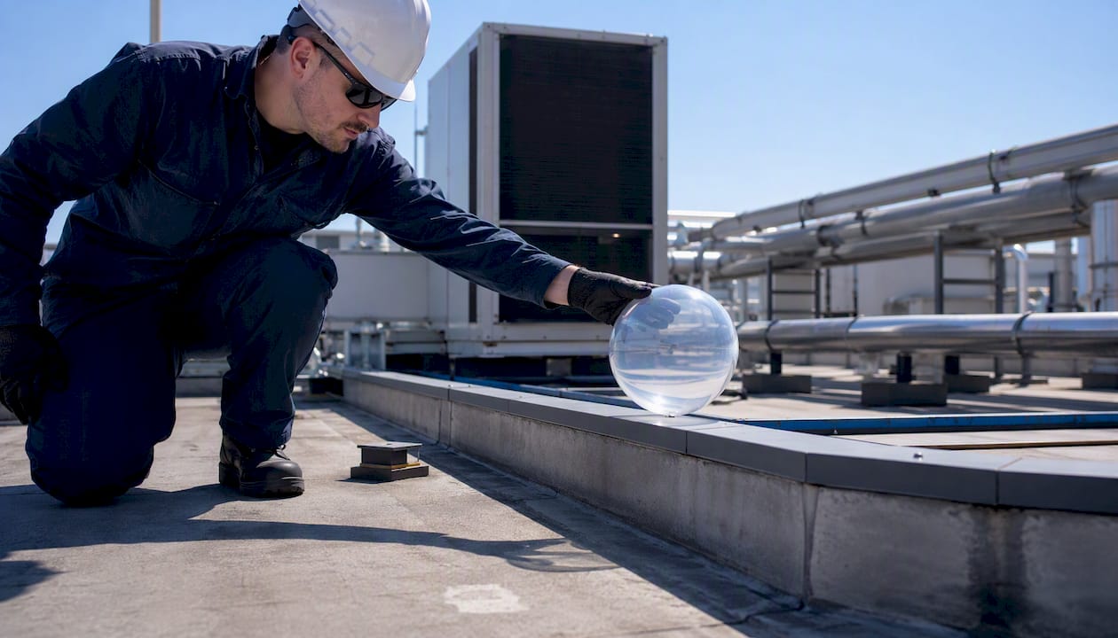 Engineer simulating rolling sphere on industrial rooftop