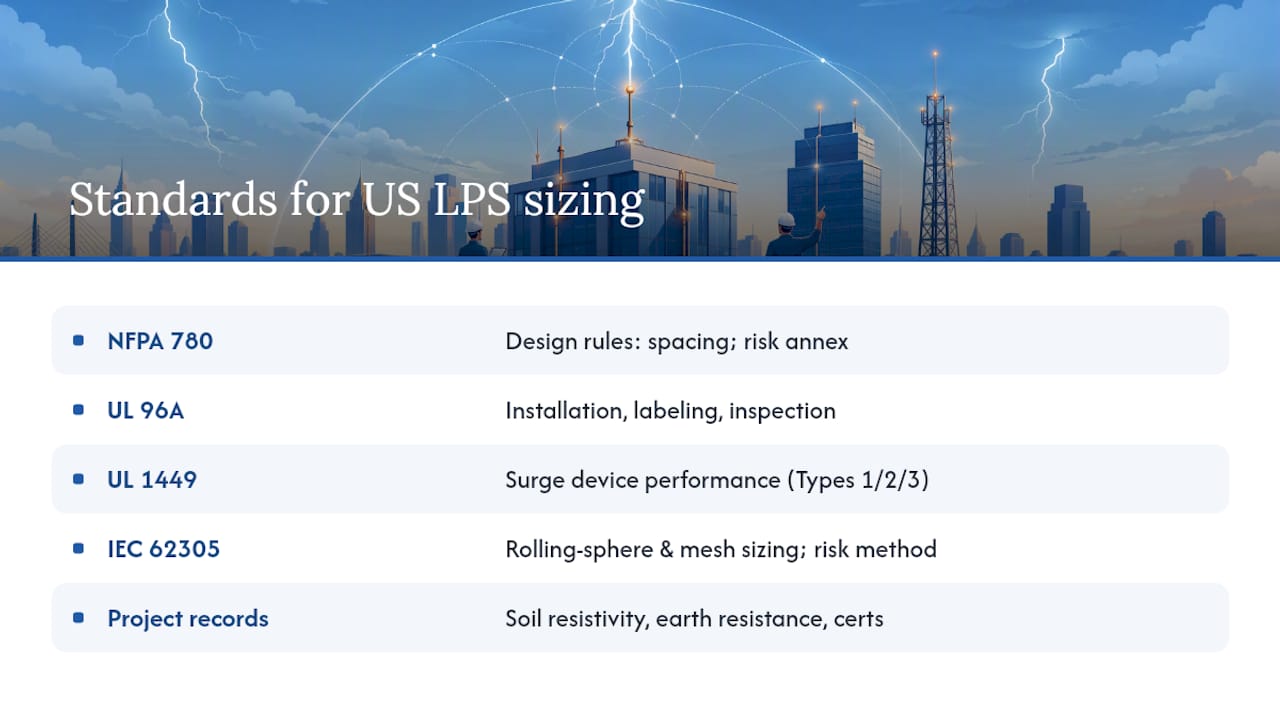 What standards govern lightning rod sizing in the United States? — overview diagram