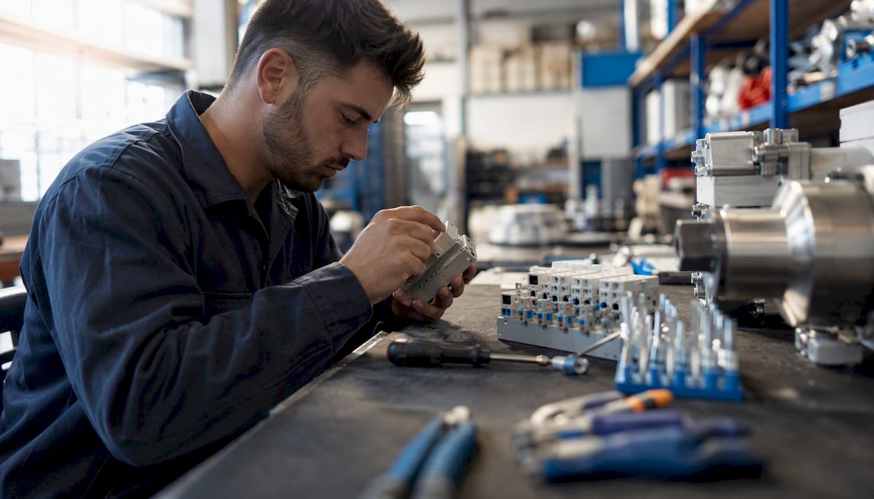 Technician inspecting automation parts on workbench