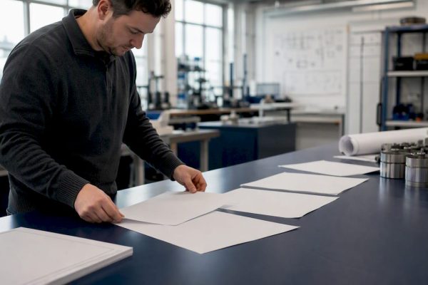 Hands arranging procurement spreadsheets on table