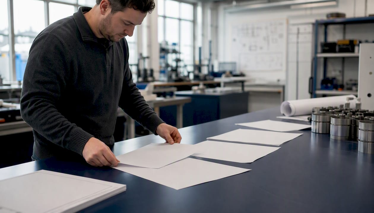 Hands arranging procurement spreadsheets on table