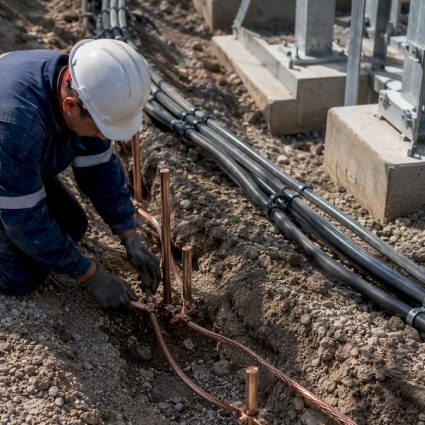 Electrician installing grounding rods underground