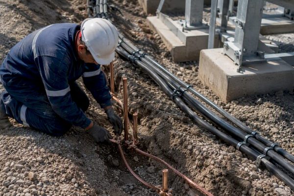 Electrician installing grounding rods underground