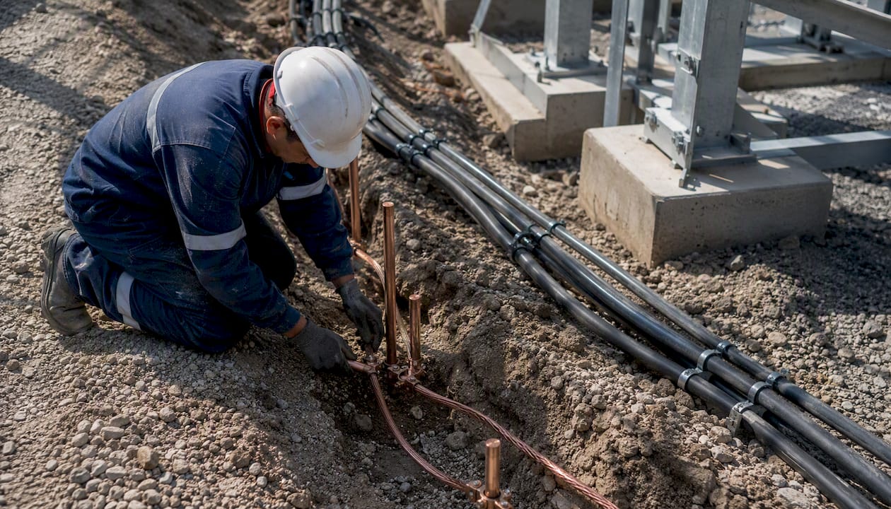 Electrician installing grounding rods underground