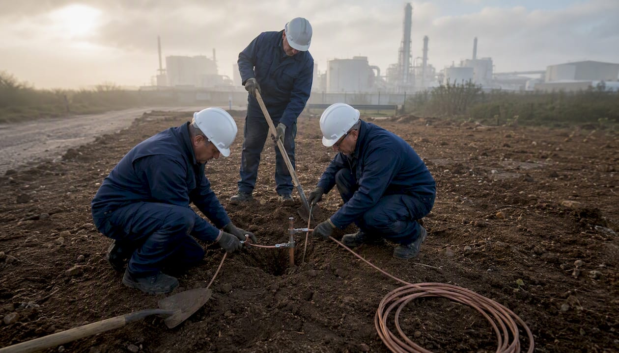 Mise en place des électrodes de mise à la terre sur le site industriel