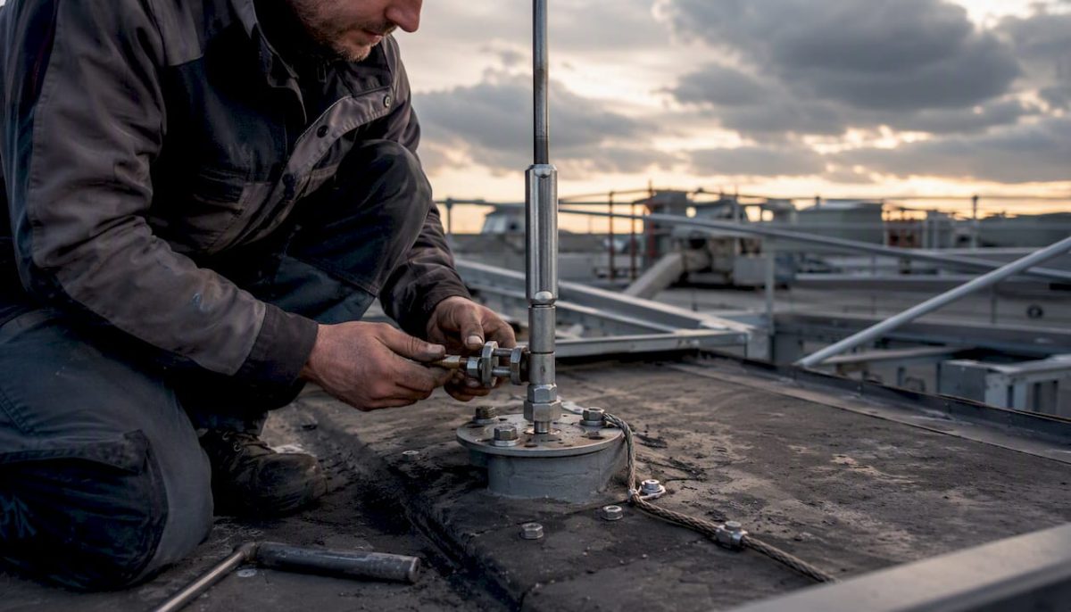 Un technicien procède à la pose d’un paratonnerre sur le toit d’un bâtiment.