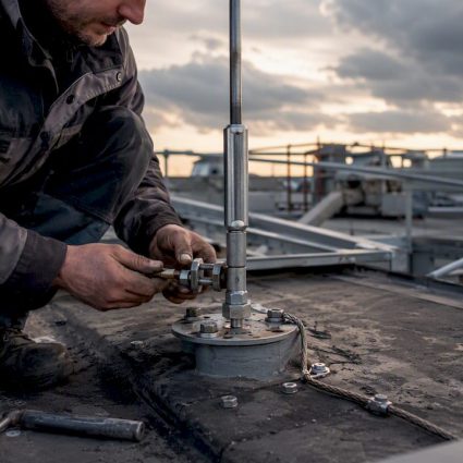 Un technicien procède à la pose d’un paratonnerre sur le toit d’un bâtiment.