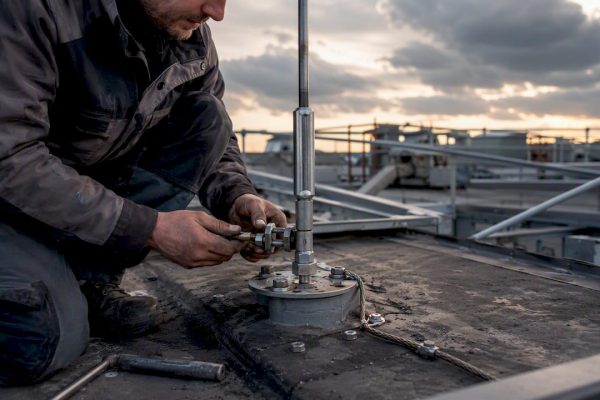 Un technicien procède à la pose d’un paratonnerre sur le toit d’un bâtiment.