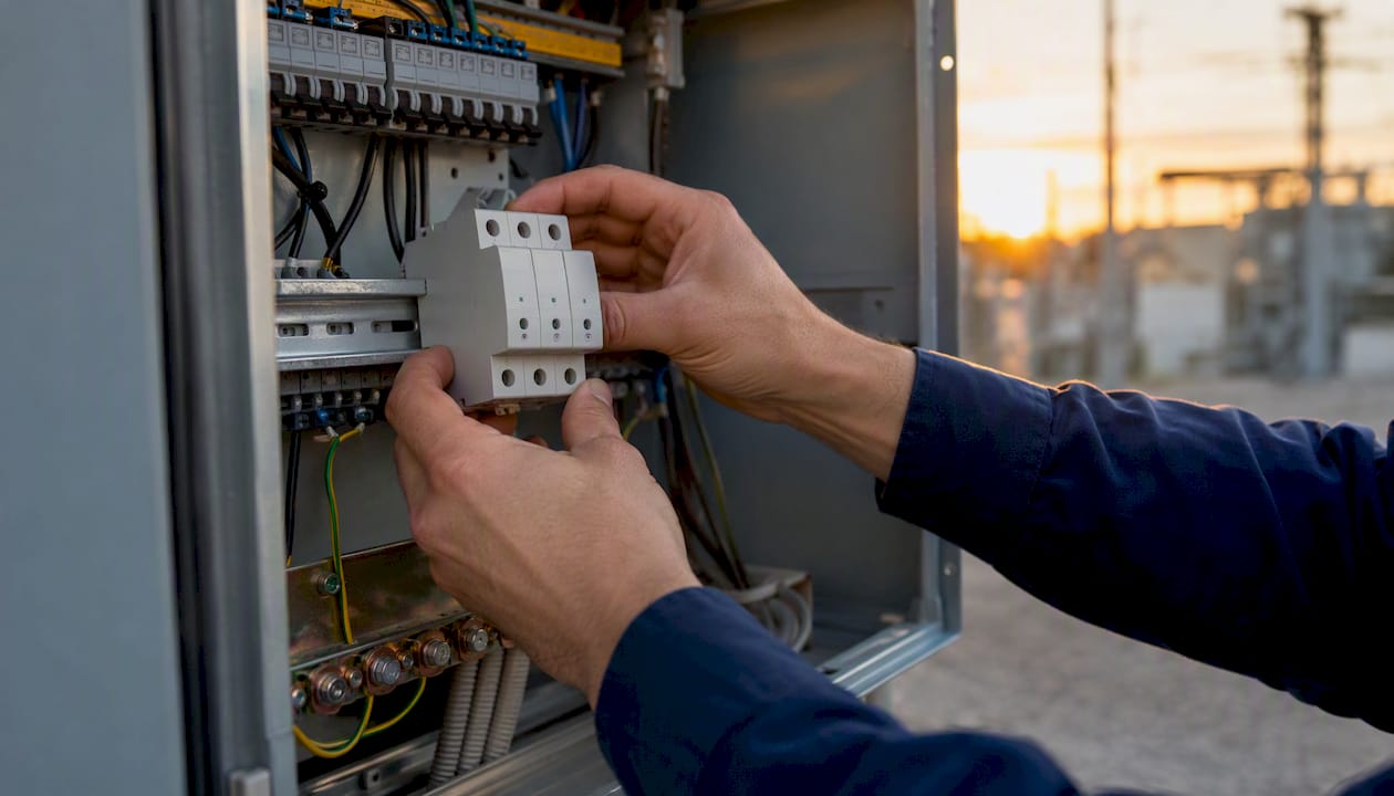 Hands installing surge protection device in electrical panel