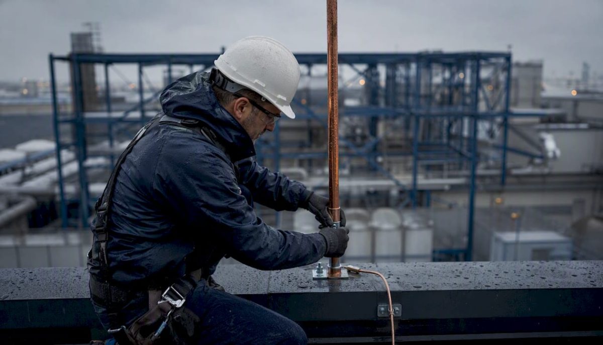 Technician installing lightning rod on industrial rooftop