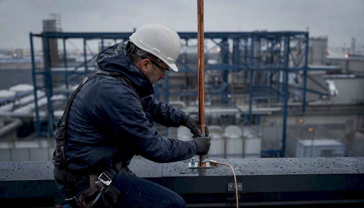 Technician installing lightning rod on industrial rooftop