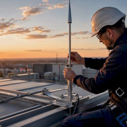 Engineer installing lightning protection rod