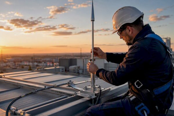 Engineer installing lightning protection rod