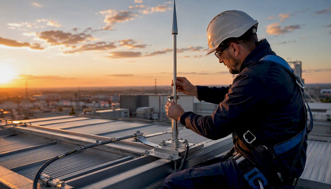 Engineer installing lightning protection rod