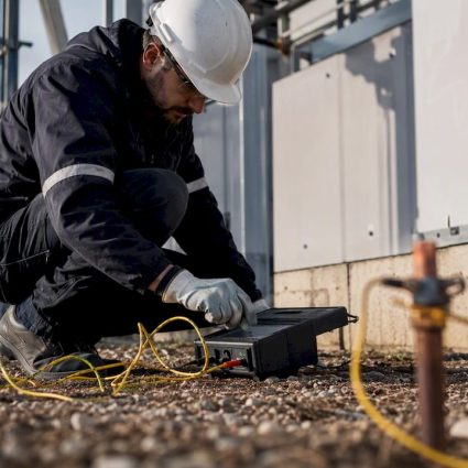 Un technicien procède à la mesure de la résistivité du sol sur un site industriel.