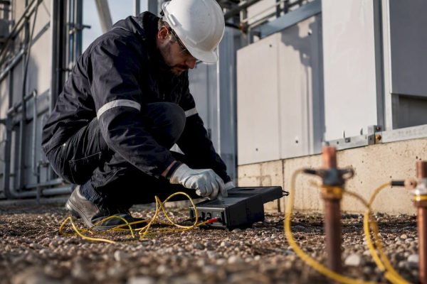 Un technicien procède à la mesure de la résistivité du sol sur un site industriel.