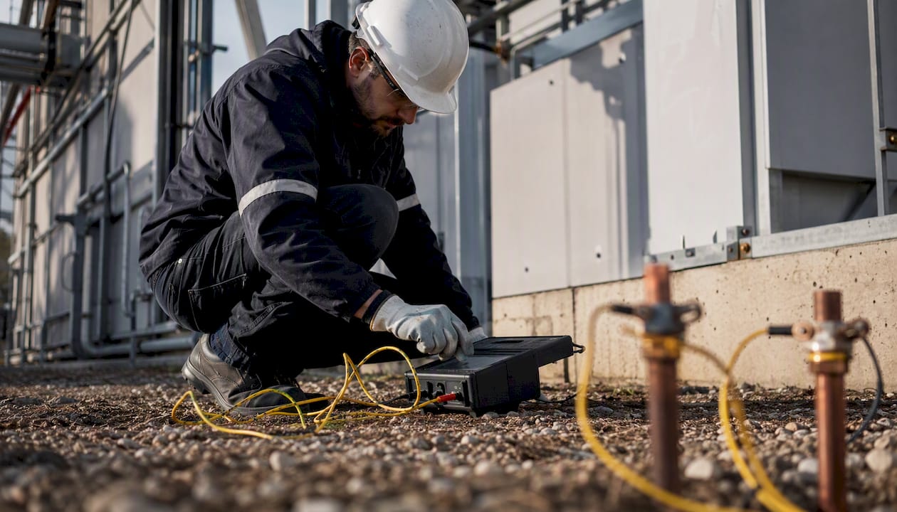 Un technicien procède à la mesure de la résistivité du sol sur un site industriel.
