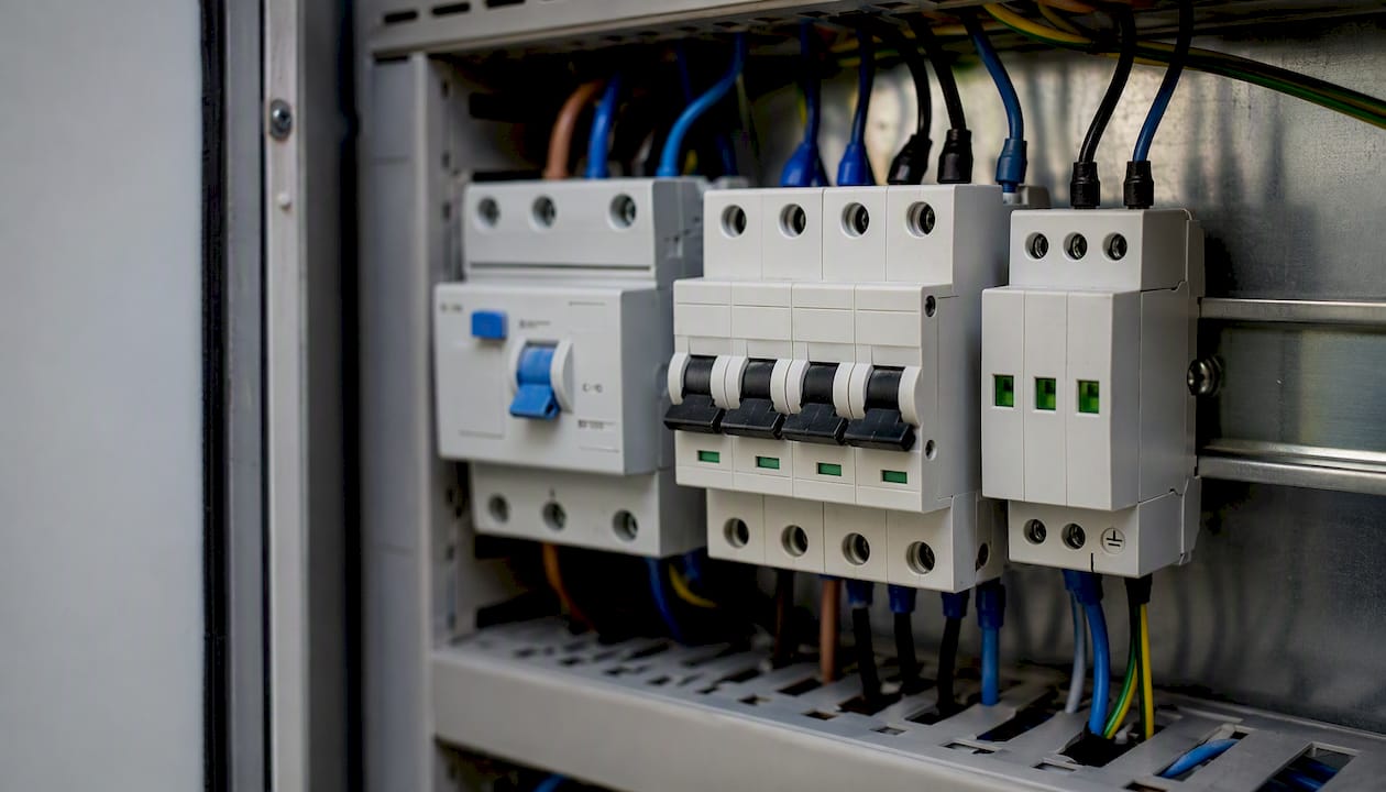 Vue détaillée des dispositifs de protection électrique à l’intérieur d’un tableau