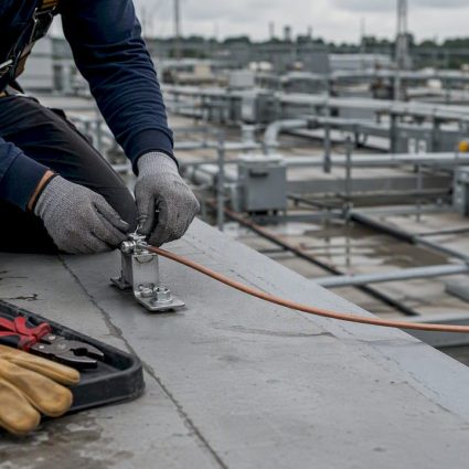 Des mains raccordent un câble de mise à la terre en extérieur.