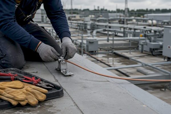 Des mains raccordent un câble de mise à la terre en extérieur.
