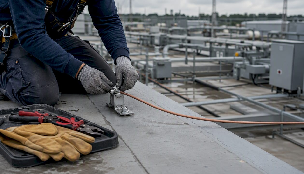 Des mains raccordent un câble de mise à la terre en extérieur.