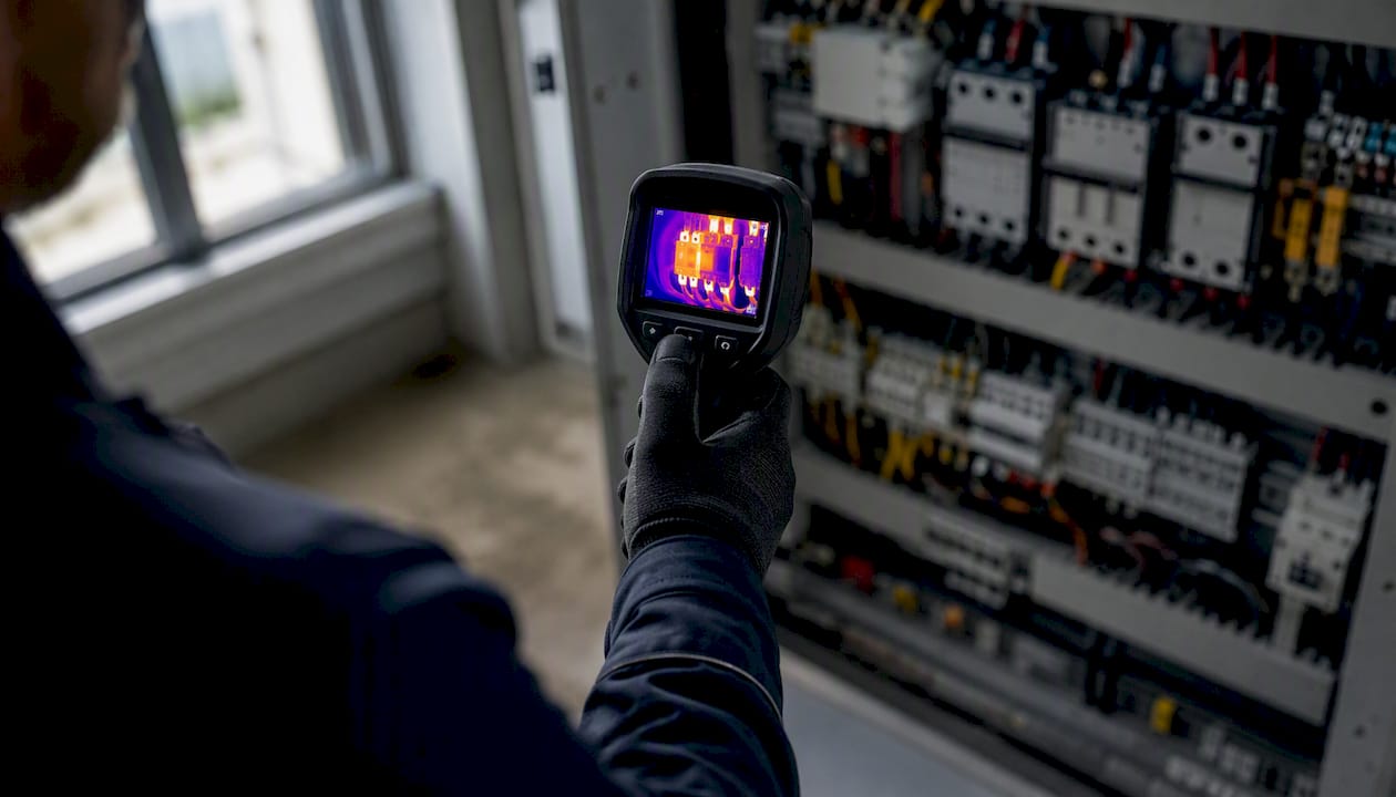 Un électricien contrôle un tableau électrique à l’aide d’une caméra thermique.