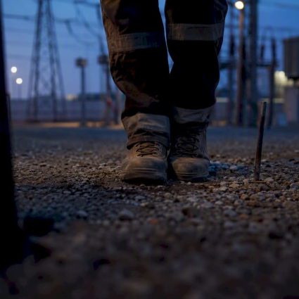 Worker shuffling feet together on industrial grounding soil